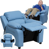 Deluxe Padded Contemporary Light Blue Vinyl Kids Recliner with Storage Arms