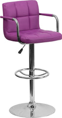 Contemporary Purple Quilted Vinyl Adjustable Height Barstool with Arms and Chrome Base