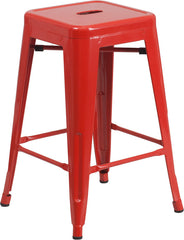 24'' High Backless Red Metal Indoor-Outdoor Counter Height Stool with Square Seat