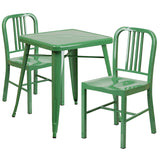 Green Metal Indoor-Outdoor Table Set with 2 Vertical Slat Back Chairs