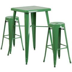 Green Metal Indoor-Outdoor Bar Table Set with 2 Backless Barstools