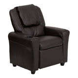 Contemporary Brown Leather Kids Recliner with Cup Holder and Headrest