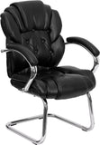 Black Leather Transitional Side Chair with Padded Arms and Sled Base