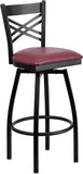 HERCULES Series Black ''X'' Back Swivel Metal Barstool - Burgundy Vinyl Seat