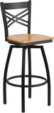 HERCULES Series Black ''X'' Back Swivel Metal Barstool - Natural Wood Seat