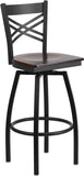 HERCULES Series Black ''X'' Back Swivel Metal Barstool - Walnut Wood Seat