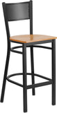 HERCULES Series Black Grid Back Metal Restaurant Barstool - Natural Wood Seat