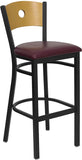 HERCULES Series Black Circle Back Metal Restaurant Barstool - Natural Wood Back, Burgundy Vinyl Seat