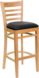 HERCULES Series Natural Wood Finished Ladder Back Wooden Restaurant Barstool - Black Vinyl Seat