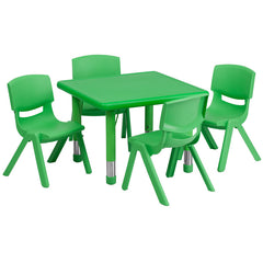 24'' Square Adjustable Green Plastic Activity Table Set with 4 School Stack Chairs
