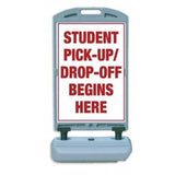 Portable Student Pick-Up/Drop-Off Begins Here Sign w/ Tip & Roll Base