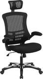 High Back Black Mesh Executive Swivel Office Chair with Flip-Up Arms and Chrome-Nylon Designer Base