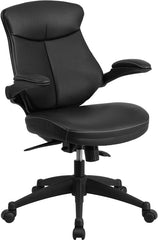 Mid-Back Black Leather Executive Swivel Office Chair with Back Angle Adjustment and Flip-Up Arms