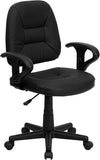 Mid-Back Black Leather Ergonomic Swivel Task Chair with Height Adjustable Arms
