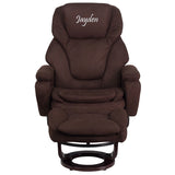 Personalized Contemporary Brown Microfiber Recliner and Ottoman with Swiveling Mahogany Wood Base
