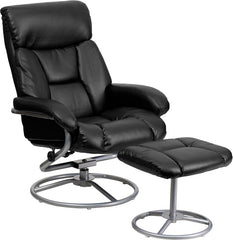 Contemporary Black Leather Recliner and Ottoman with Metal Base