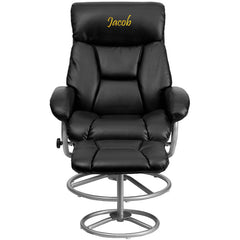 Personalized Contemporary Black Leather Recliner and Ottoman with Metal Base