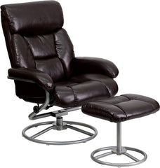 Contemporary Brown Leather Recliner and Ottoman with Metal Base