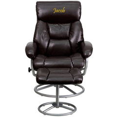 Personalized Contemporary Brown Leather Recliner and Ottoman with Metal Base