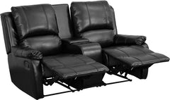 Allure Series 2-Seat Reclining Pillow Back Black Leather Theater Seating Unit with Cup Holders