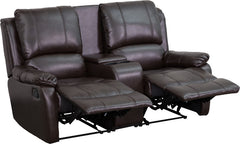 Allure Series 2-Seat Reclining Pillow Back Brown Leather Theater Seating Unit with Cup Holders