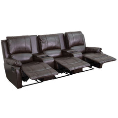 Allure Series 3-Seat Reclining Pillow Back Brown Leather Theater Seating Unit with Cup Holders