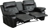 Real Comfort Series 2-Seat Reclining Black Leather Theater Seating Unit with Curved Cup Holders