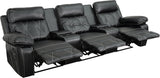 Real Comfort Series 3-Seat Reclining Black Leather Theater Seating Unit with Straight Cup Holders