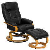 Contemporary Black Leather Recliner and Ottoman with Swiveling Maple Wood Base