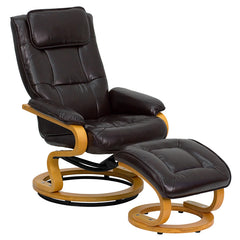 Contemporary Brown Leather Recliner and Ottoman with Swiveling Maple Wood Base