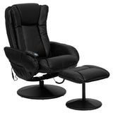 Massaging Black Leather Recliner and Ottoman with Leather Wrapped Base