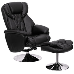 Transitional Black Leather Recliner and Ottoman with Chrome Base