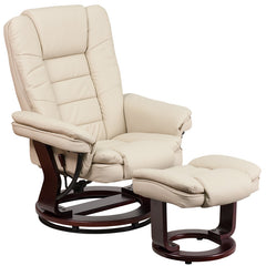 Contemporary Beige Leather Recliner and Ottoman with Swiveling Mahogany Wood Base
