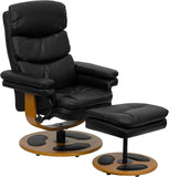 Contemporary Black Leather Recliner and Ottoman with Wood Base