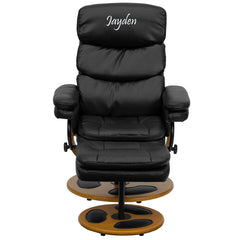Personalized Contemporary Black Leather Recliner and Ottoman with Wood Base