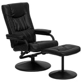 Contemporary Black Leather Recliner and Ottoman with Leather Wrapped Base