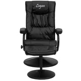 Personalized Contemporary Black Leather Recliner and Ottoman with Leather Wrapped Base