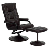 Contemporary Brown Leather Recliner and Ottoman with Leather Wrapped Base