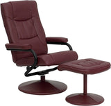 Contemporary Burgundy Leather Recliner and Ottoman with Leather Wrapped Base