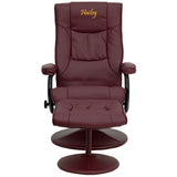 Personalized Contemporary Burgundy Leather Recliner and Ottoman with Leather Wrapped Base
