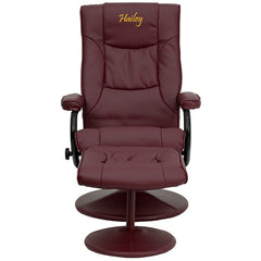 Personalized Contemporary Burgundy Leather Recliner and Ottoman with Leather Wrapped Base