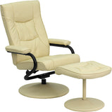 Contemporary Cream Leather Recliner and Ottoman with Leather Wrapped Base