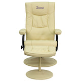 Personalized Contemporary Cream Leather Recliner and Ottoman with Leather Wrapped Base