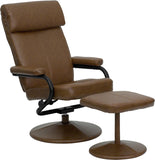 Contemporary Palomino Leather Recliner and Ottoman with Leather Wrapped Base