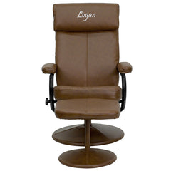 Personalized Contemporary Palomino Leather Recliner and Ottoman with Leather Wrapped Base
