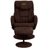Personalized Contemporary Brown Microfiber Recliner and Ottoman with Circular Microfiber Wrapped Base