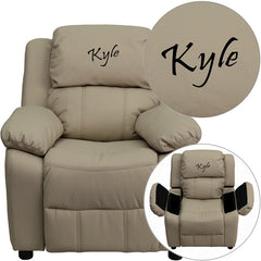 Personalized Deluxe Padded Beige Vinyl Kids Recliner with Storage Arms