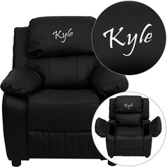 Personalized Deluxe Padded Black Leather Kids Recliner with Storage Arms