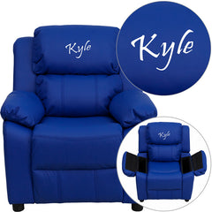 Personalized Deluxe Padded Blue Vinyl Kids Recliner with Storage Arms