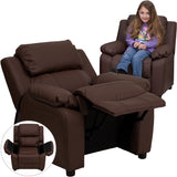 Deluxe Padded Contemporary Brown Leather Kids Recliner with Storage Arms